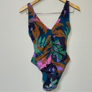 Shade & Shore Tropical One Piece Shirred Plunge Swimsuit Women's Size M 8-10 NWT